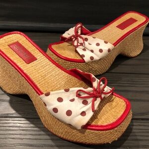 VTG Y2K Woven Platform Heel White Red Polka Dots Fabric Summer Mule Slides 7.5M